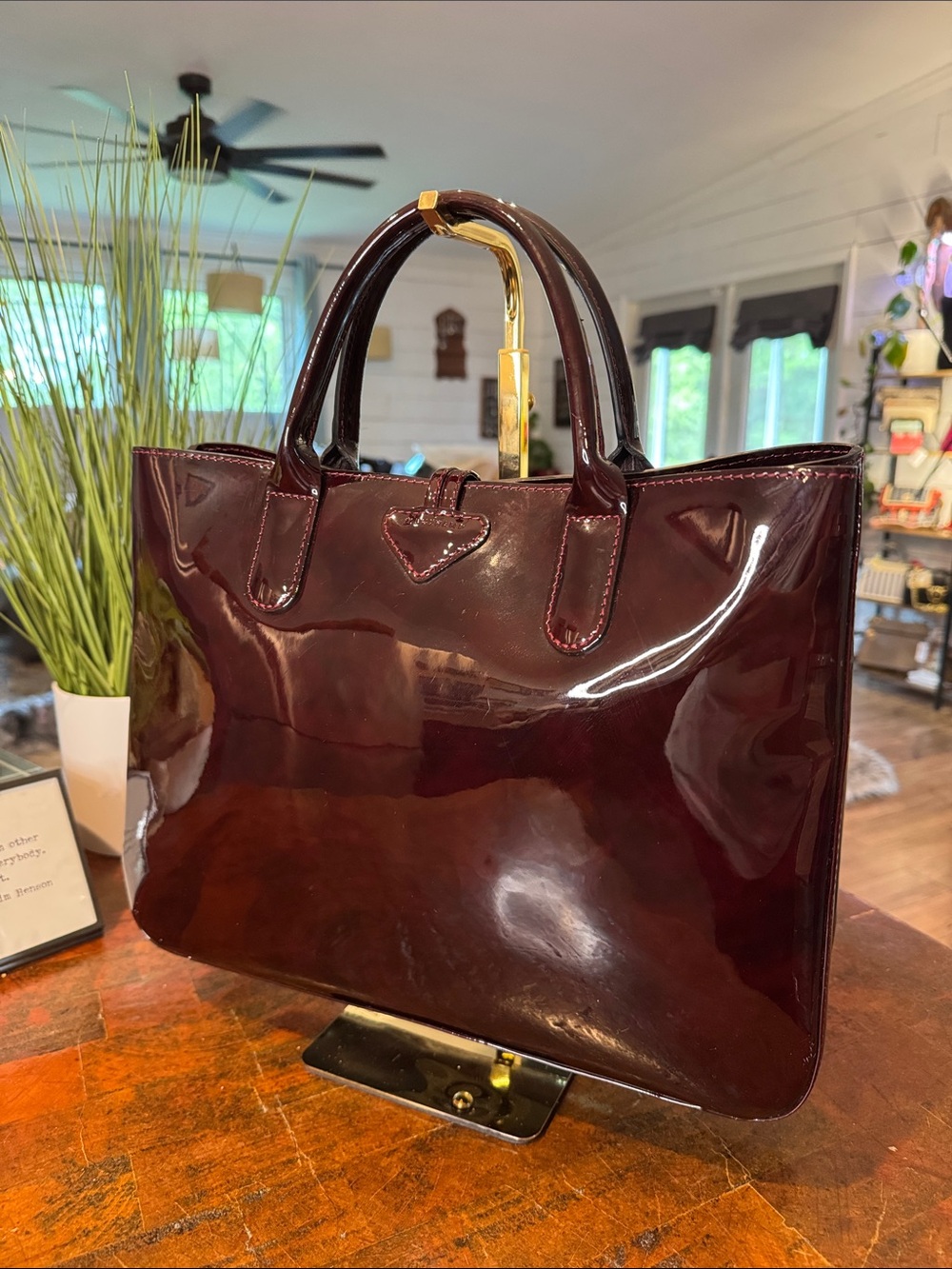 Longchamp Roseau Patent Leather Box Tote Bag in Black Currant Tortoise - Picture 5 of 16